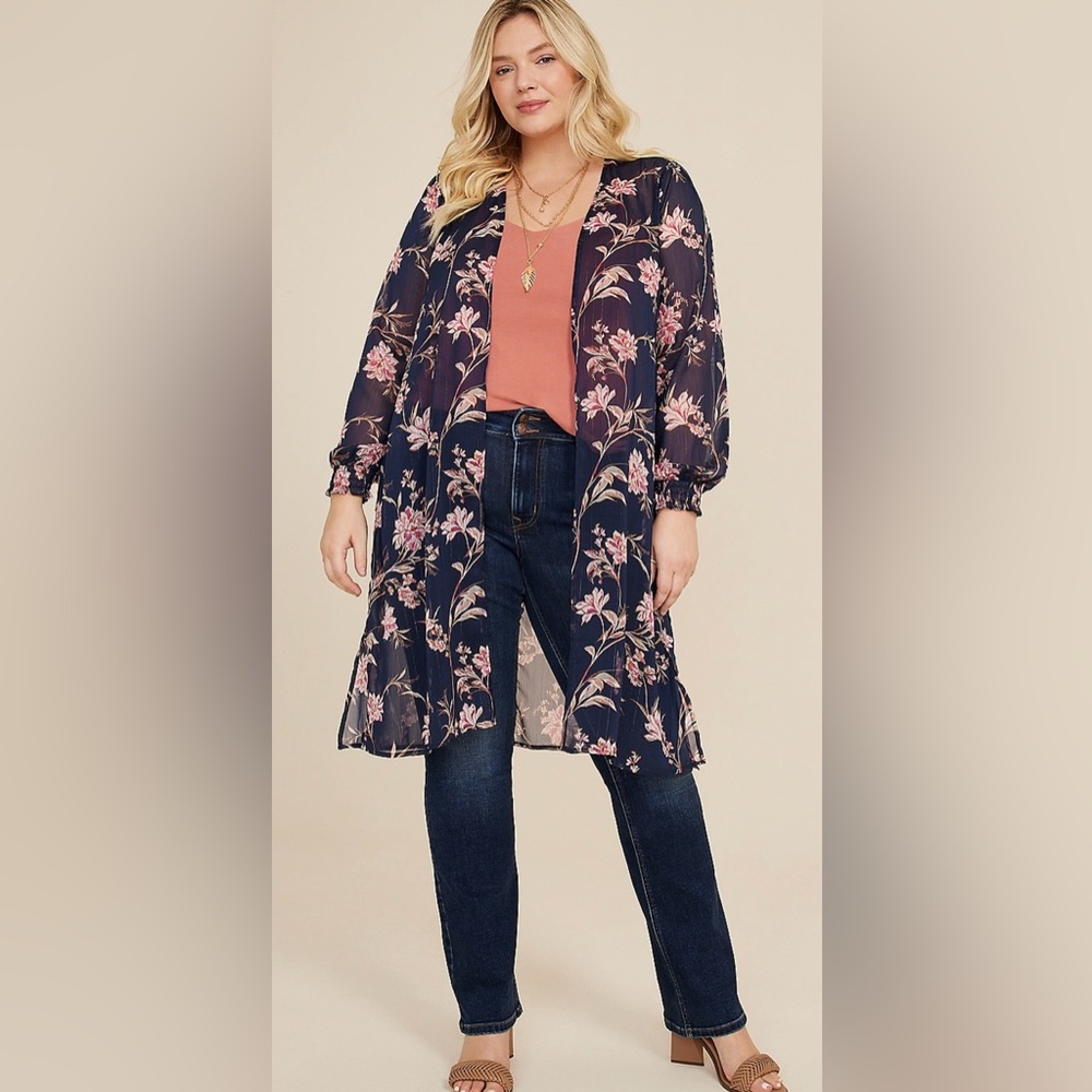 Maurices Boho Floral Long Sleeve Metallic Kimono Size 1X NWT Bohemian Resortwear